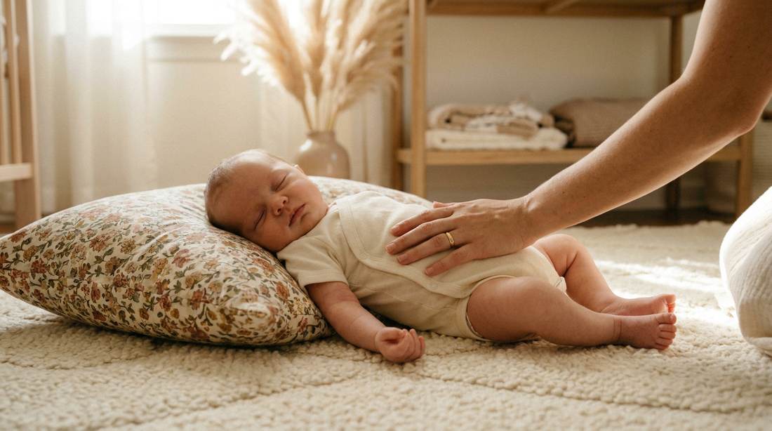 Bébé endormi sur un cocon anti-régurgitation MUMCOMFY dans une chambre scandinave