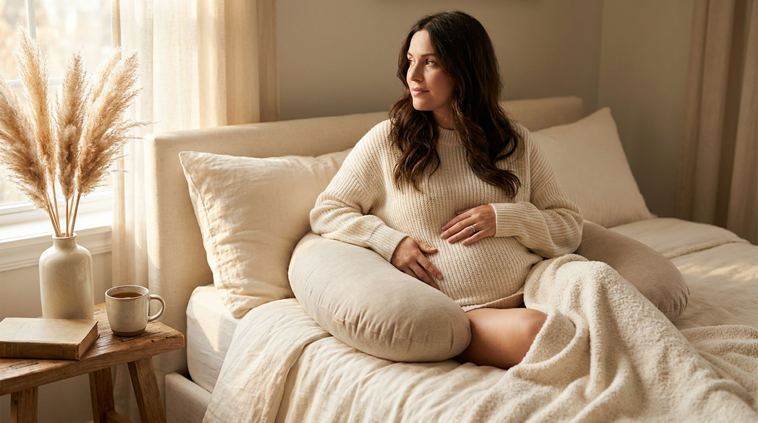 Femme enceinte au 3ème trimestre dormant paisiblement avec un coussin de grossesse MUMCOMFY
