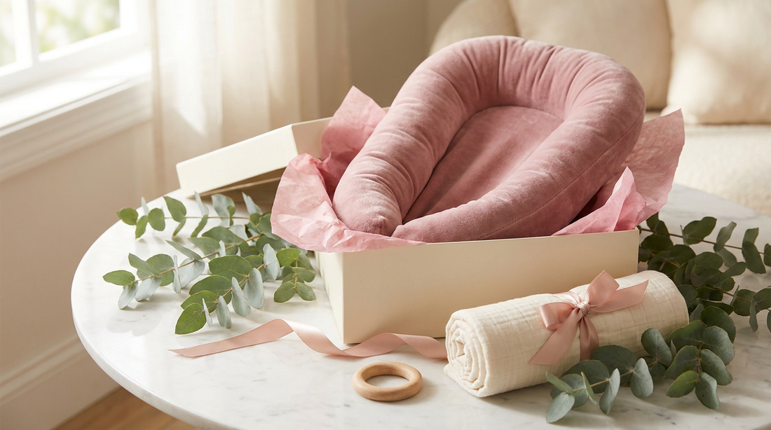 Maman post-partum sereine avec son nouveau-né endormi sur cocon MUMCOMFY