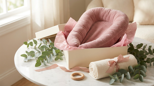 Maman post-partum sereine avec son nouveau-né endormi sur cocon MUMCOMFY