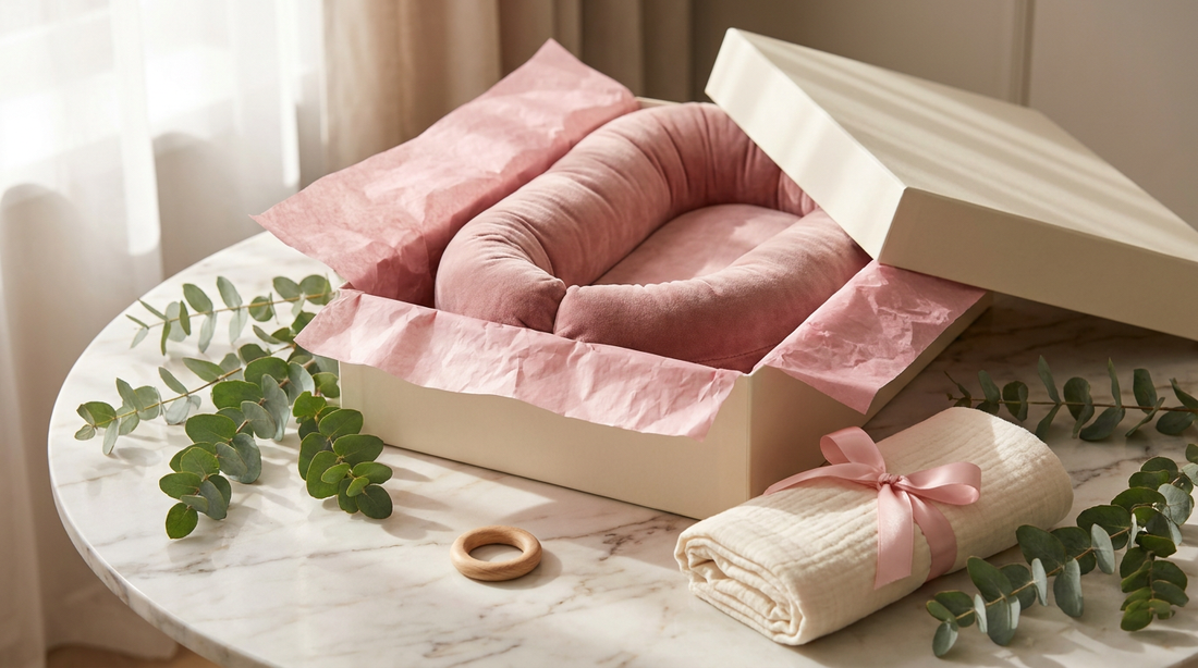 Cadeau baby shower élégant avec cocon MUMCOMFY dans une boîte cadeau crème