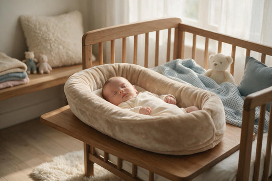 Bébé endormi dans son cocon incliné velours — MUMCOMFY