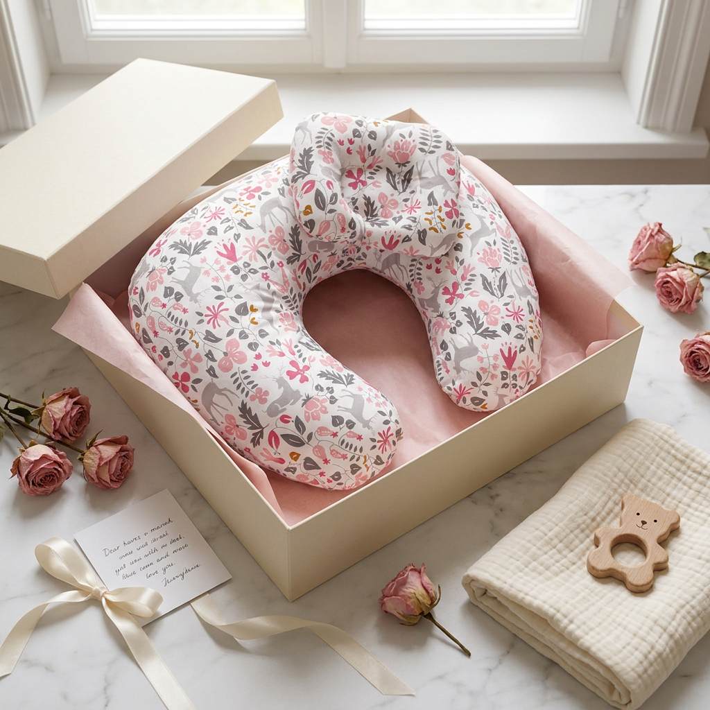 Coussin allaitement Papillon Duo motif fleurs roses présenté en boîte cadeau baby shower
