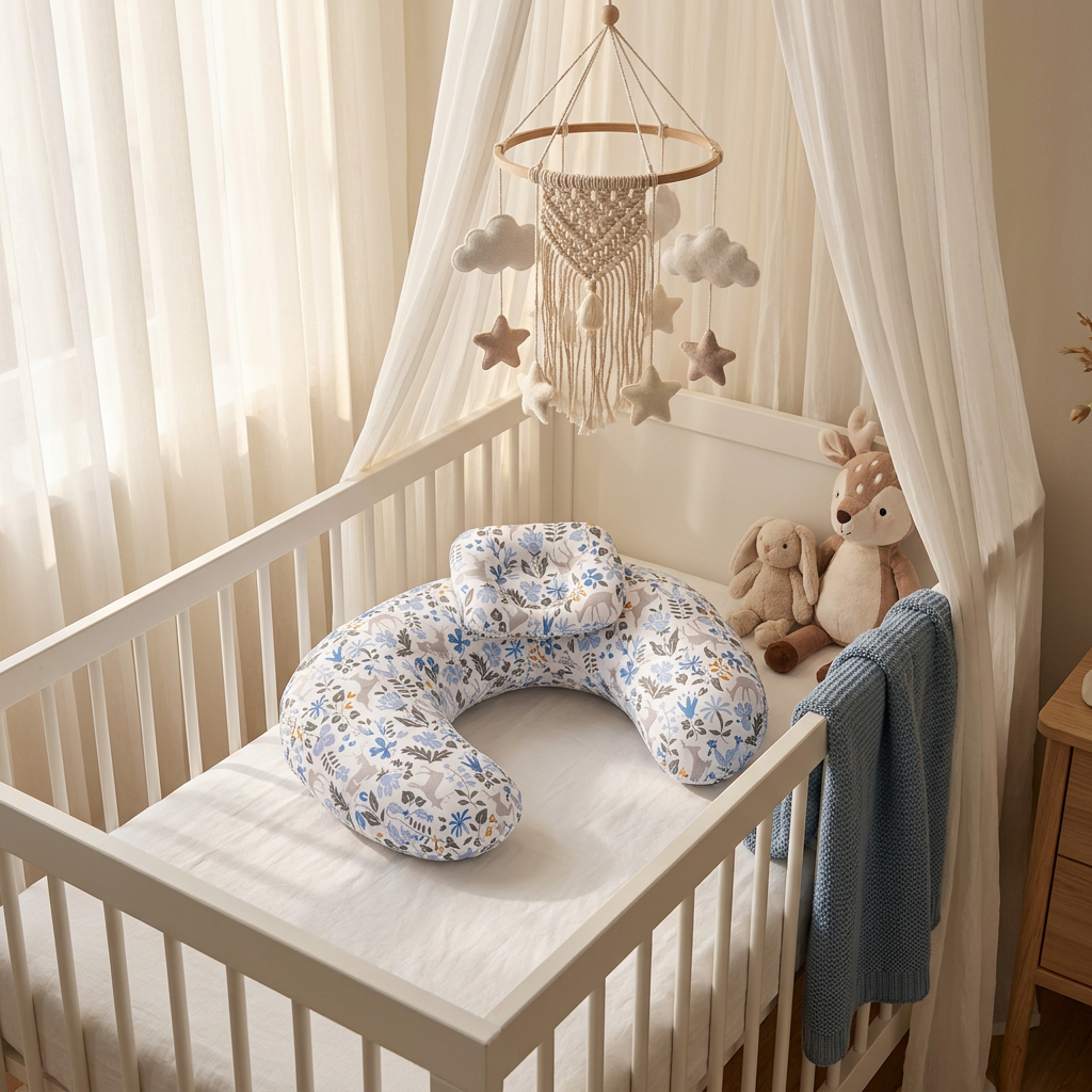 Coussin allaitement Papillon Duo motif fleurs bleues dans berceau chambre bébé