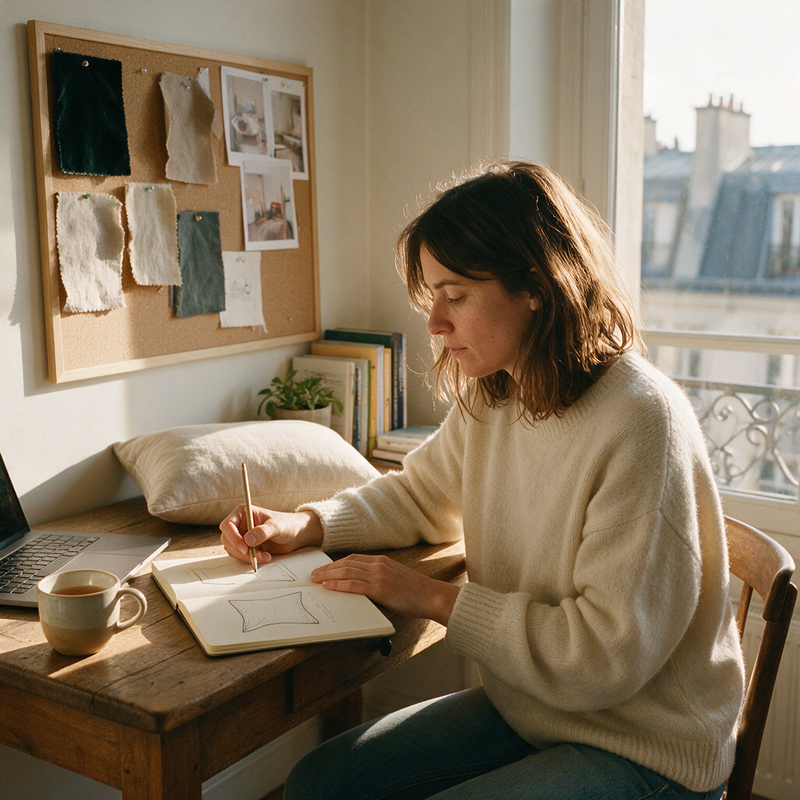 Fondatrice MUMCOMFY dessinant un coussin de grossesse dans son appartement parisien