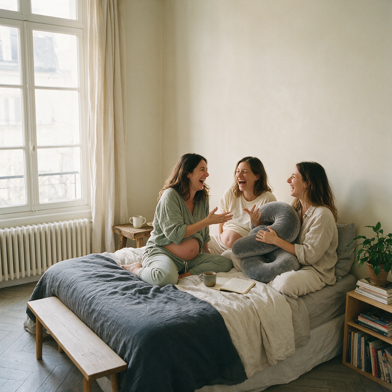 Trois mamans qui testent le coussin MUMCOMFY sur un lit