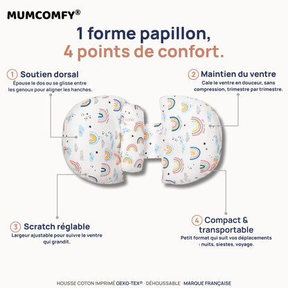Coussin de Grossesse Papillon Arc-en-Ciel — 4 points de confort MUMCOMFY