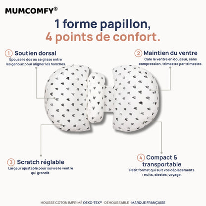 Coussin de Grossesse Papillon Cœurs Esquissés — 4 points de confort MUMCOMFY