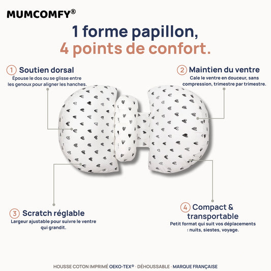 Coussin de Grossesse Papillon Cœurs Esquissés — 4 points de confort MUMCOMFY