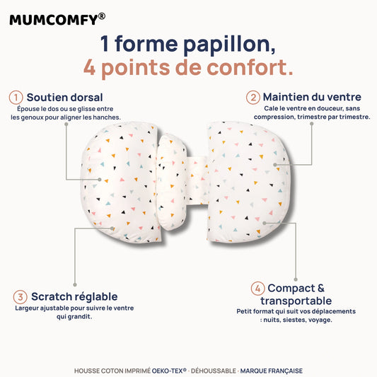 Coussin de Grossesse Papillon Confettis Joyeux — 4 points de confort MUMCOMFY