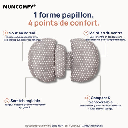 Coussin de Grossesse Papillon Étoiles Douces — 4 points de confort MUMCOMFY