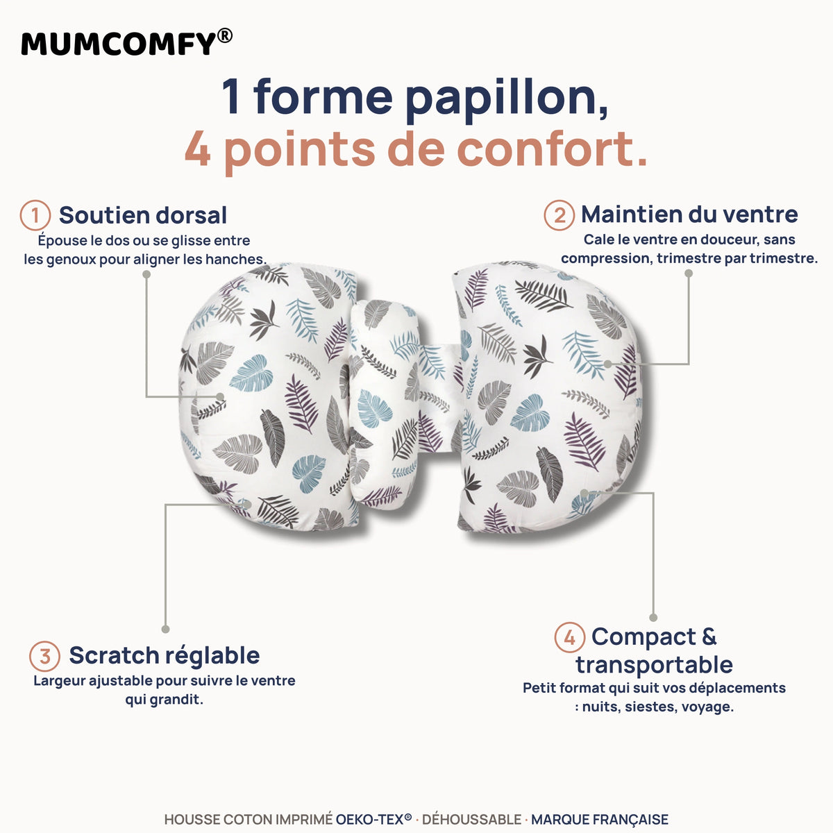 Coussin de Grossesse Papillon Feuilles Tropicales — 4 points de confort MUMCOMFY