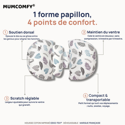 Coussin de Grossesse Papillon Feuilles Tropicales — 4 points de confort MUMCOMFY