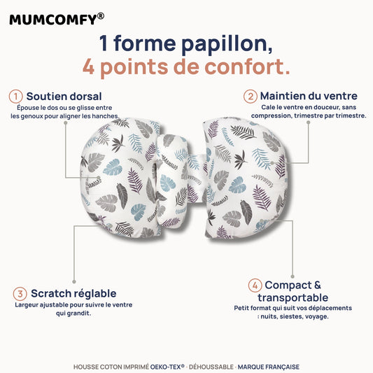 Coussin de Grossesse Papillon Feuilles Tropicales — 4 points de confort MUMCOMFY