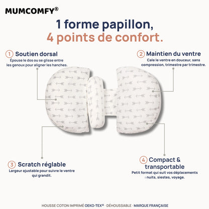 Coussin de Grossesse Papillon Flèches Grises — 4 points de confort MUMCOMFY