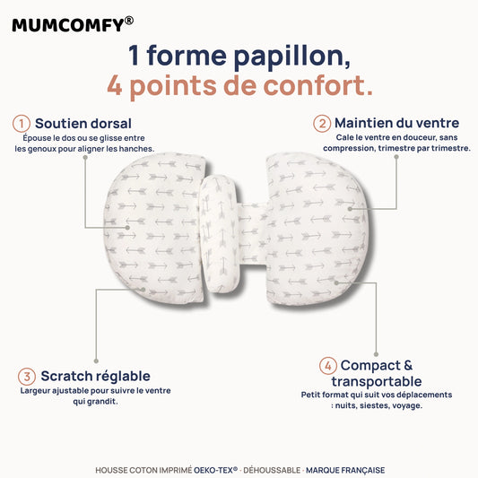 Coussin de Grossesse Papillon Flèches Grises — 4 points de confort MUMCOMFY