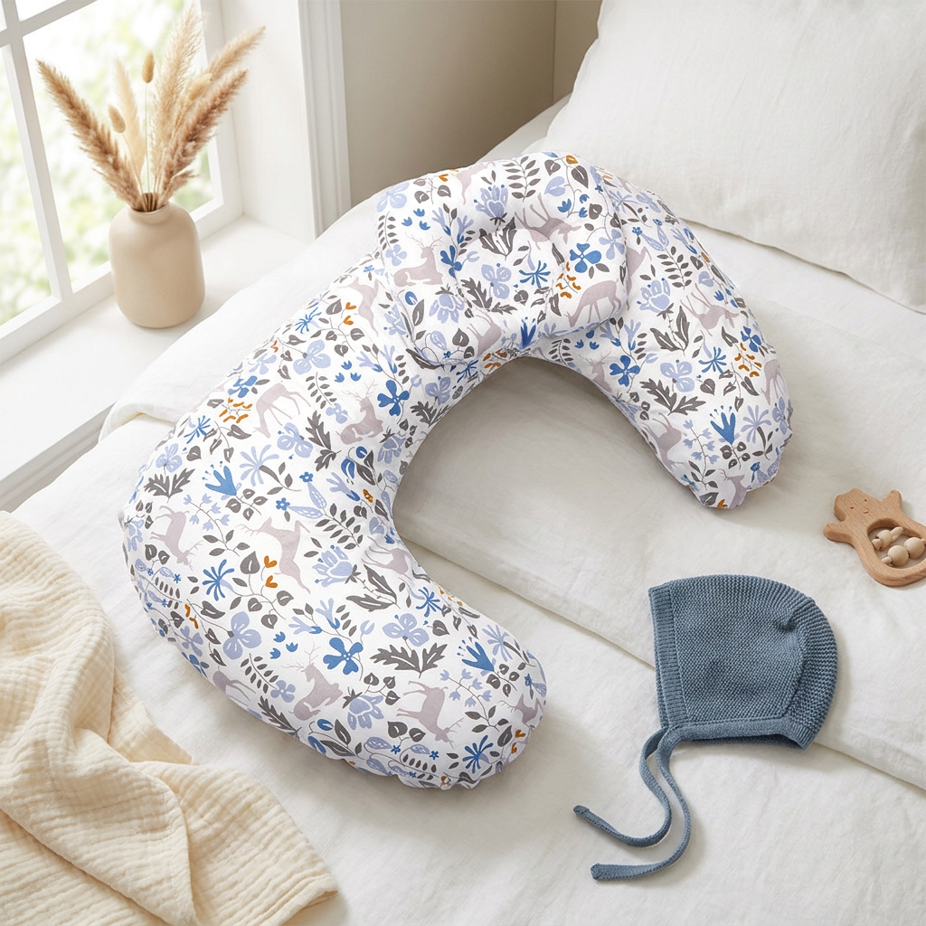 Coussin Papillon Duo Bleues sur lit scandinave avec pampas et bonnet knit