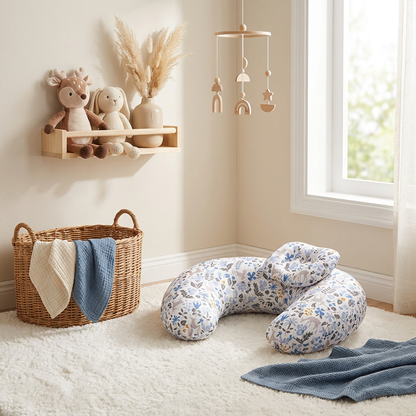 Coussin Papillon Duo Bleues — mise en scène baby corner nursery scandi complet
